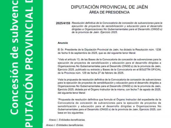 Subvención de Diputación de Jaén para la ejecución de un proyecto de sensibilización y educación para el desarrollo